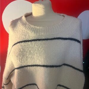 Women's Cream Crewneck Sweater with Black Stripes